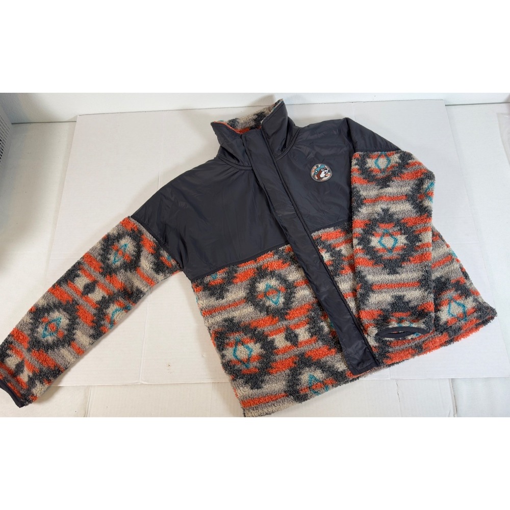Buc-ees‎ Mens Southwestern Aztec Fleece Lined Jacket Small Gray Orange Blue